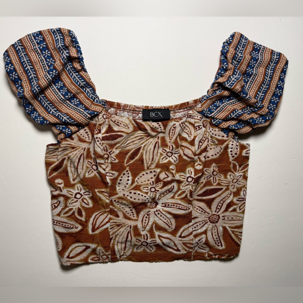 BCX Brown and Blue Floral Puff-Sleeve  Boho Crop Top size small